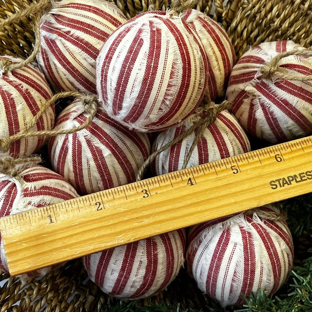 10 Primitive red stripe Fabric RAG BALLS Christmas Ornaments farmhouse decor